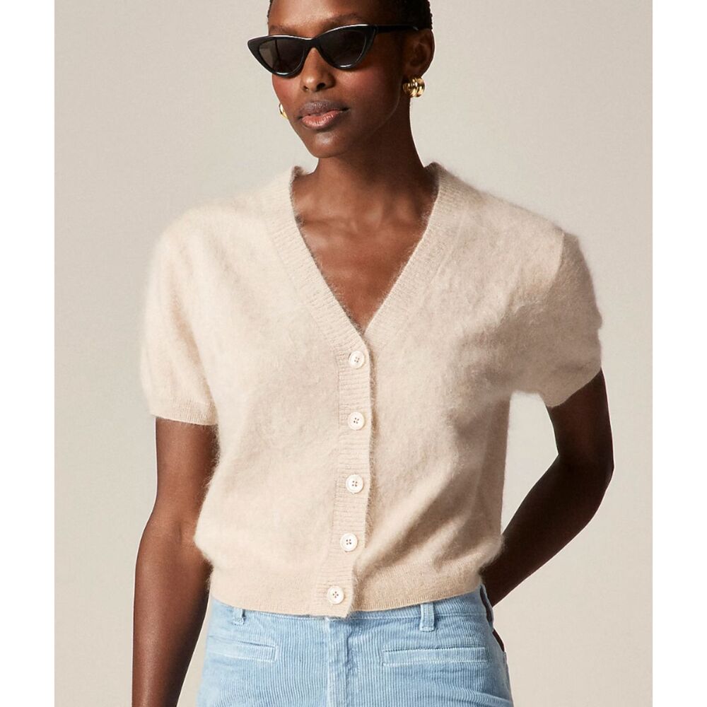 J.Crew Brushed Cashmere Short Sleeve Cardigan Heather Flax Tan Size Large